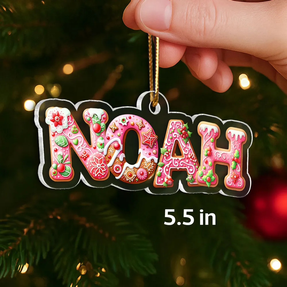 Custom Name Acrylic Ornament with Pink Gingerbread Letters – Festive Christmas Ornament & Creative Kids Gift - Image 2