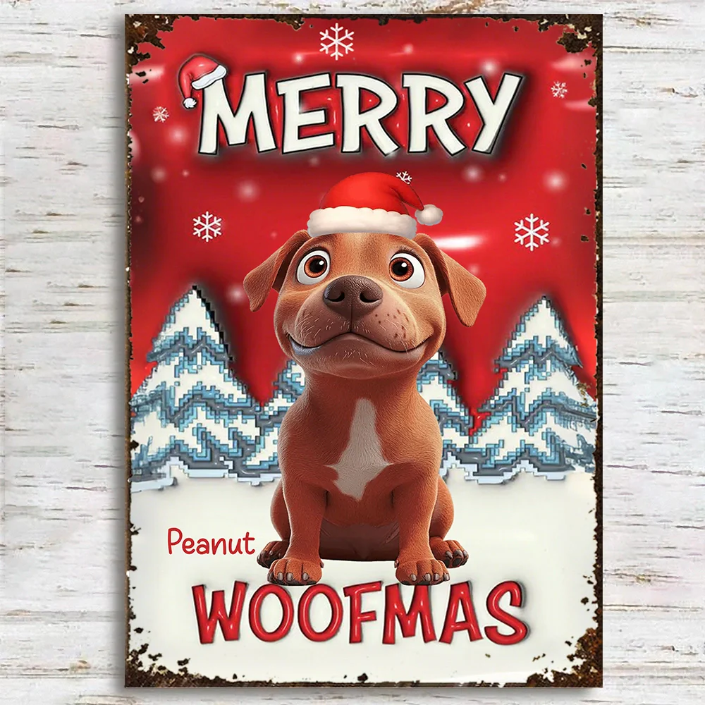 Custom Dog Rectangular Iron Sign Merry Woofmas – Playful Santa Hat Pup in Snowy Christmas Yard, Heartwarming Personalized Holiday Gift - Image 2