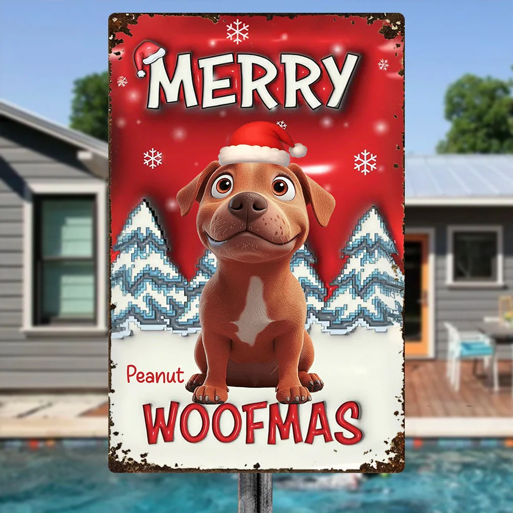 Custom Dog Rectangular Iron Sign Merry Woofmas – Playful Santa Hat Pup in Snowy Christmas Yard, Heartwarming Personalized Holiday Gift - Image 3