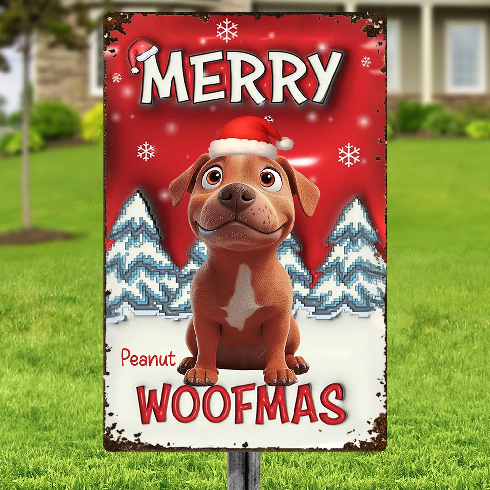 Custom Dog Rectangular Iron Sign Merry Woofmas – Playful Santa Hat Pup in Snowy Christmas Yard, Heartwarming Personalized Holiday Gift - Image 4