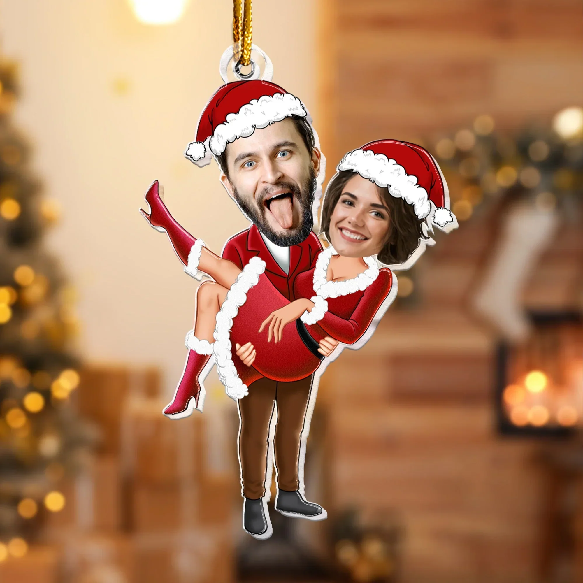 Personalized Acrylic Ornament with Couple Faces in Santa Outfits, Fun Christmas Tree Decor and Unique Romantic Holiday Gift - Image 2