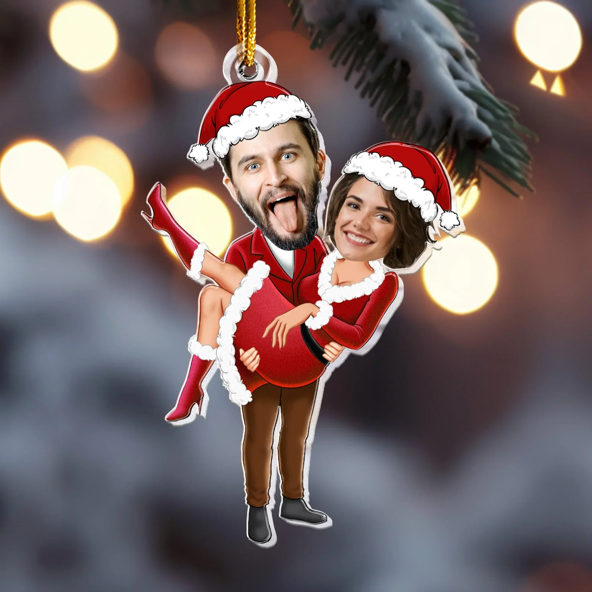 Personalized Acrylic Ornament with Couple Faces in Santa Outfits, Fun Christmas Tree Decor and Unique Romantic Holiday Gift - Image 3