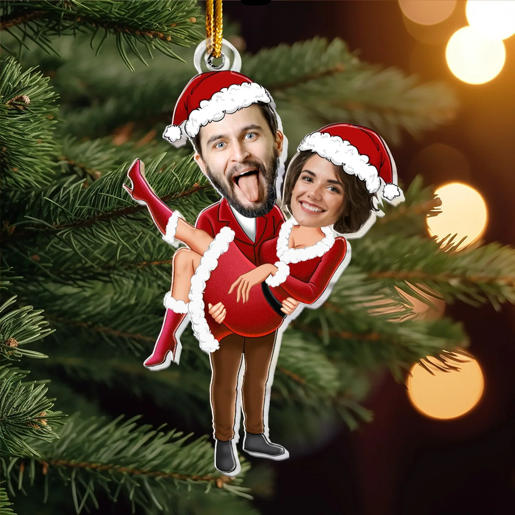 Personalized Acrylic Ornament with Couple Faces in Santa Outfits, Fun Christmas Tree Decor and Unique Romantic Holiday Gift - Image 4