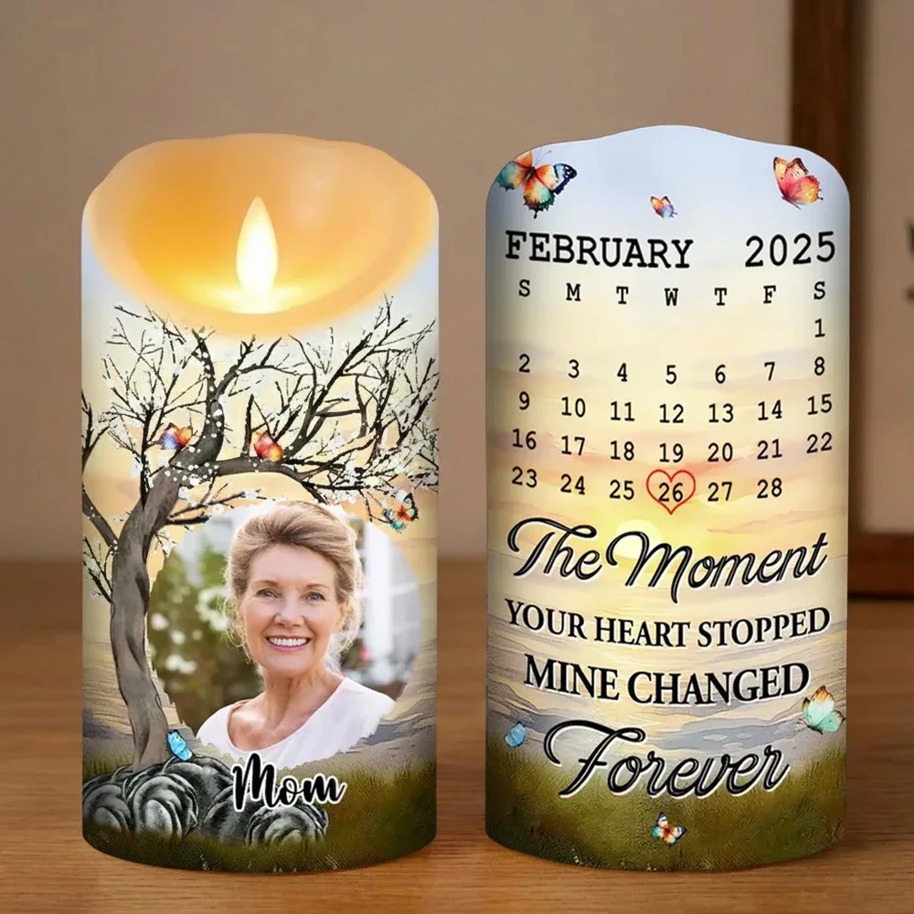 Personalized Flameless LED Candle with Photo & Calendar Date for Mom Memorial, Peaceful Light & Unique Sympathy Gift