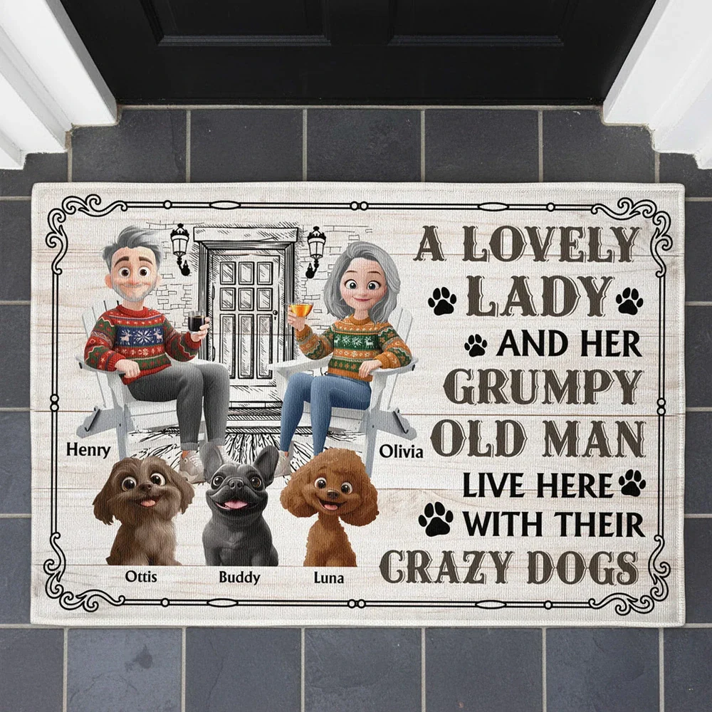 Custom Dog Lover Standard Doormat with Cartoon Couple & Crazy Pups - Personalized Housewarming Gift for Porch or Indoor Entryway