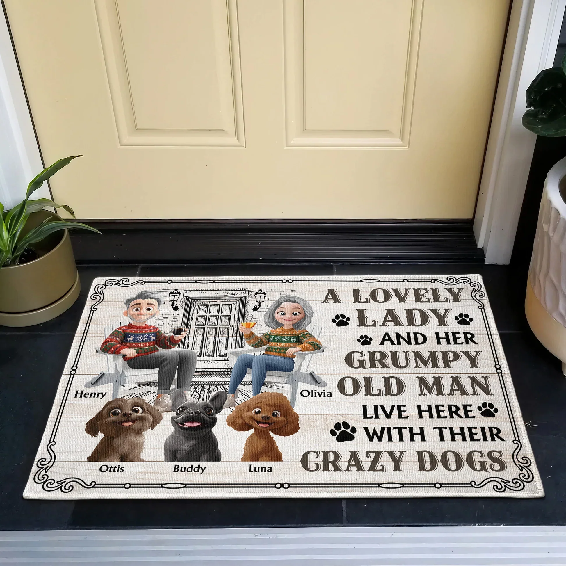 Custom Dog Lover Standard Doormat with Cartoon Couple & Crazy Pups - Personalized Housewarming Gift for Porch or Indoor Entryway - Image 2