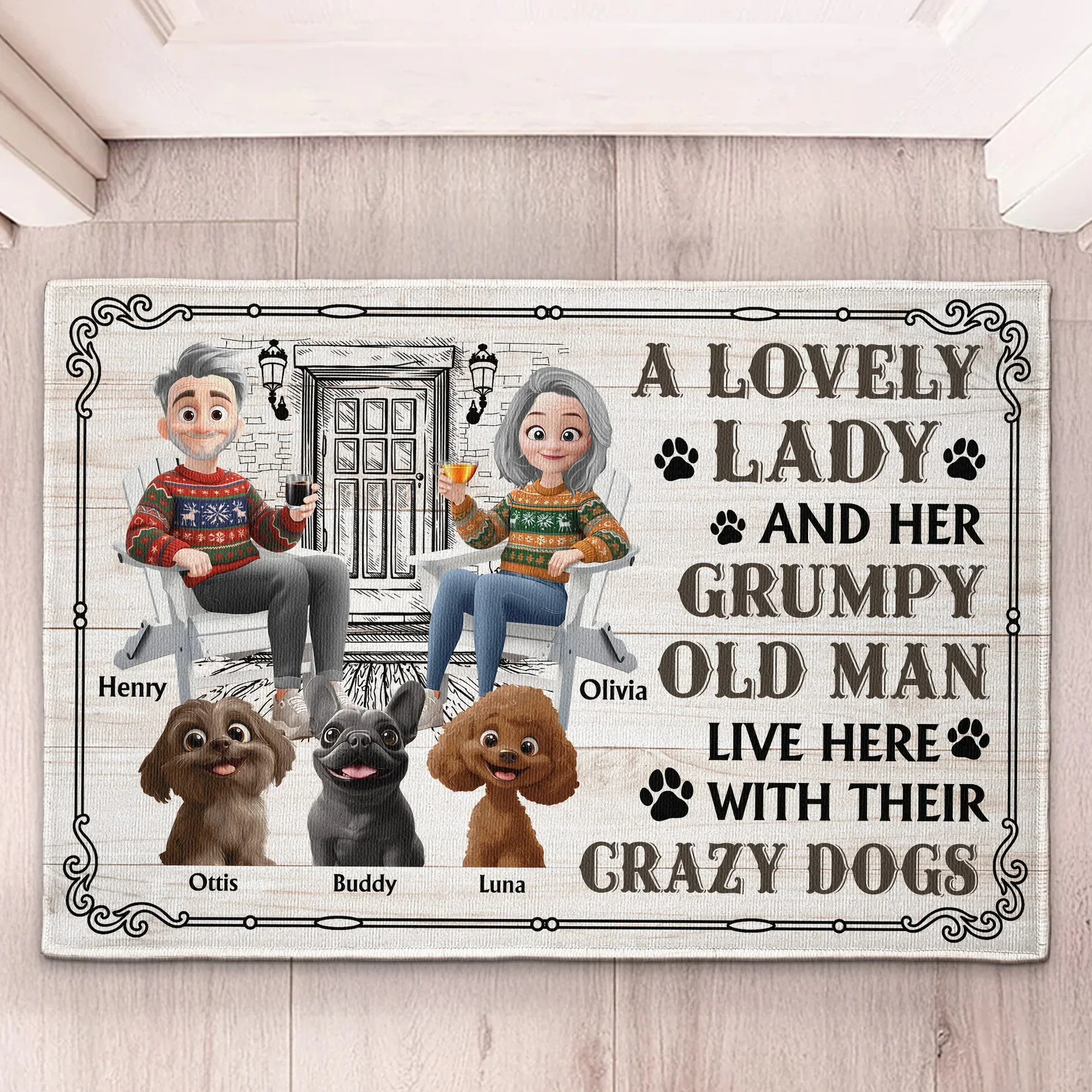 Custom Dog Lover Standard Doormat with Cartoon Couple & Crazy Pups - Personalized Housewarming Gift for Porch or Indoor Entryway - Image 3