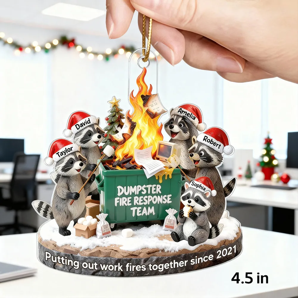 Funny Dumpster Fire Raccoon Acrylic Ornament for Work Besties – Personalized Holiday Office Gift - Image 2