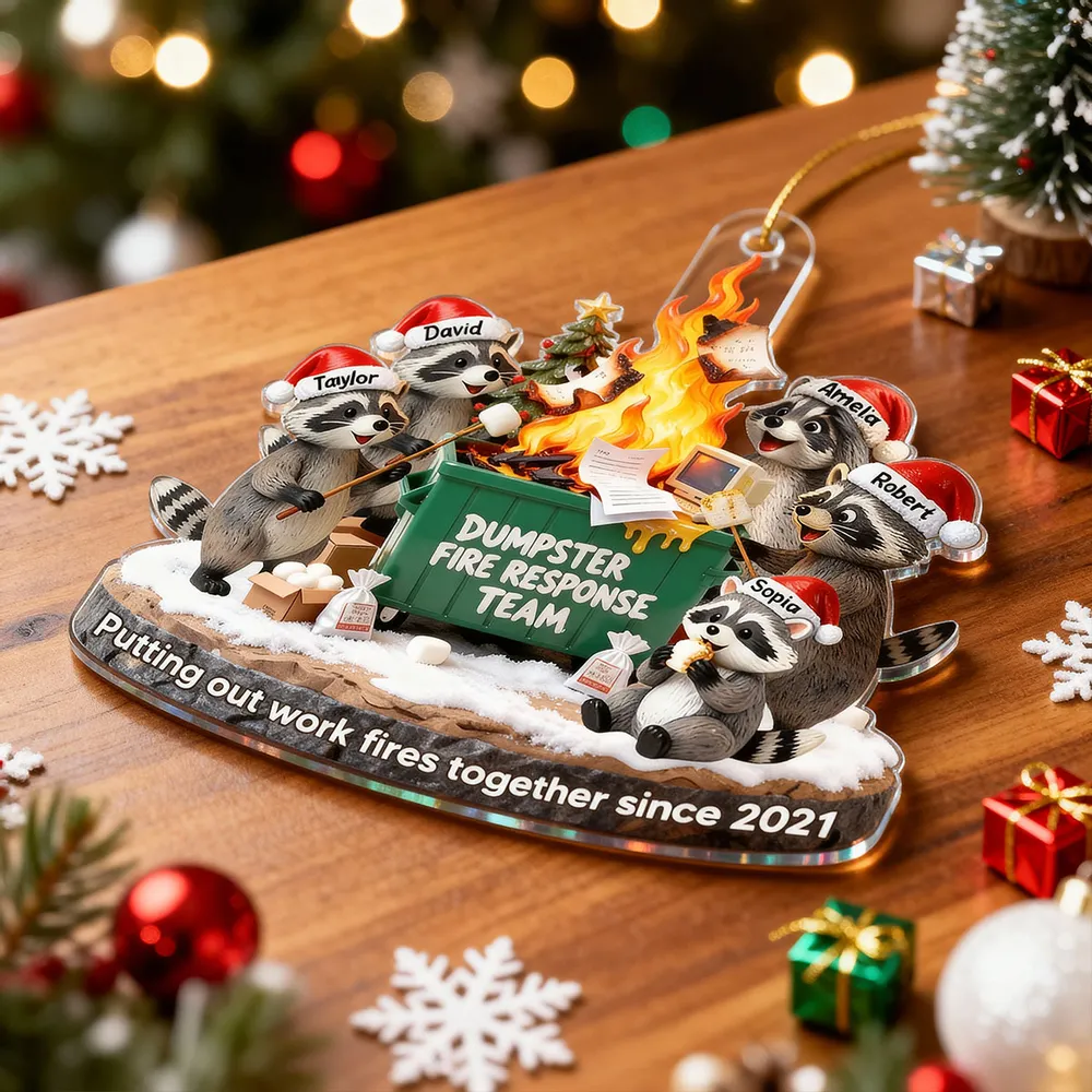 Funny Dumpster Fire Raccoon Acrylic Ornament for Work Besties – Personalized Holiday Office Gift - Image 3