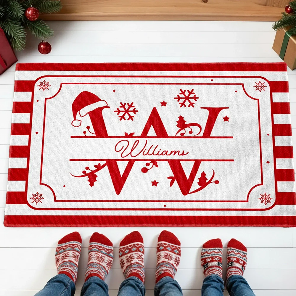 Personalized Christmas Standard Doormat with Monogram Initial – Festive Red Entryway Decor & Unique Holiday Gift