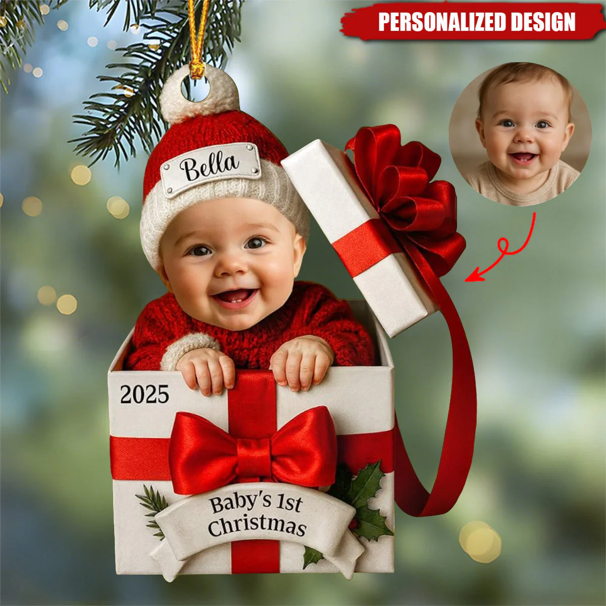Baby's First Christmas Acrylic Ornament with Custom Photo – Adorable Gift Box Design for New Parents, Unique Personalized Holiday Gift - Image 3