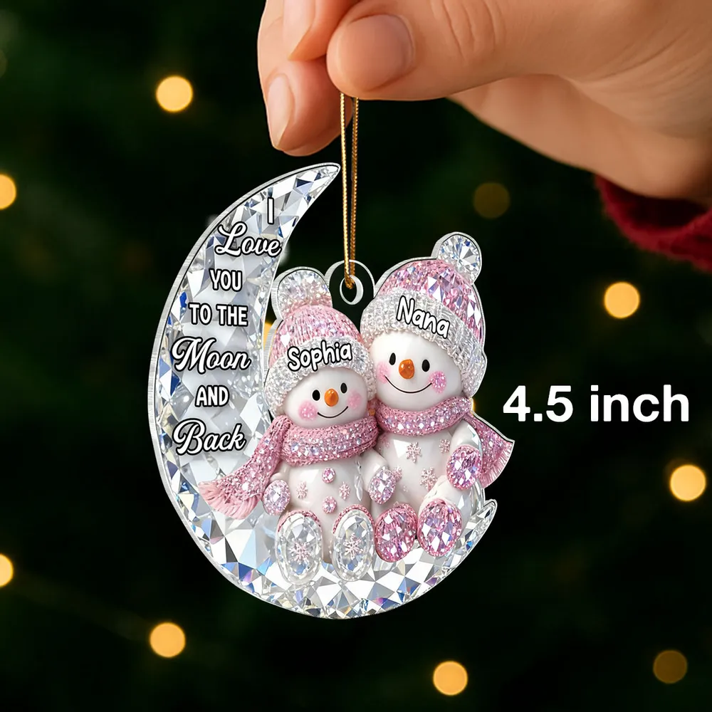 Personalized Acrylic Ornament for Grandma & Grandkid on Moon – Sparkling Snowman Design, I Love You to the Moon and Back, Unique Christmas Gift - Image 2