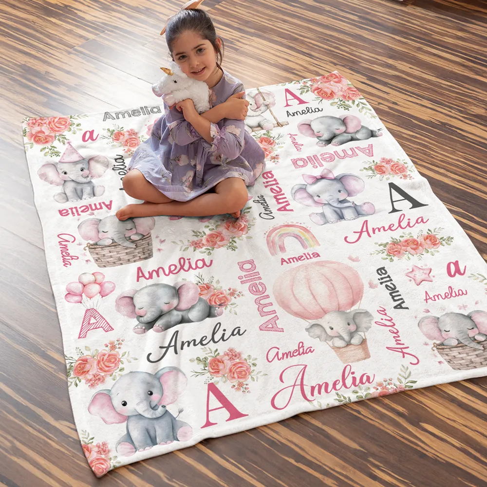 Custom Name Baby Fleece Blanket with Cute Pink Elephant Illustrations, Lightweight Cozy Throw, Adorable Personalized Gift - Image 3