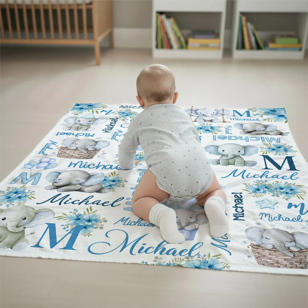 Custom Name Baby Fleece Blanket with Cute Pink Elephant Illustrations, Lightweight Cozy Throw, Adorable Personalized Gift - Image 4