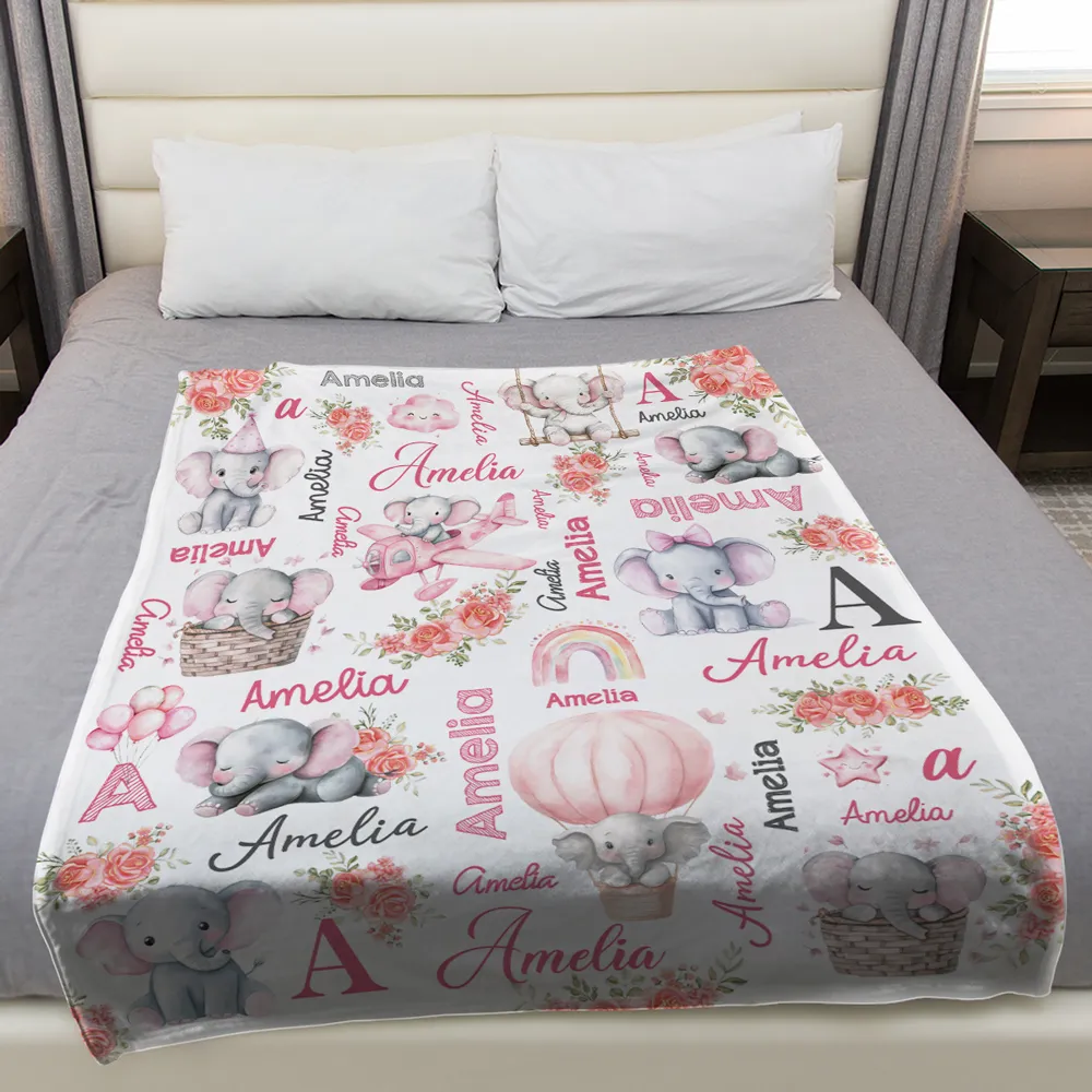 Custom Name Baby Fleece Blanket with Cute Pink Elephant Illustrations, Lightweight Cozy Throw, Adorable Personalized Gift - Image 6