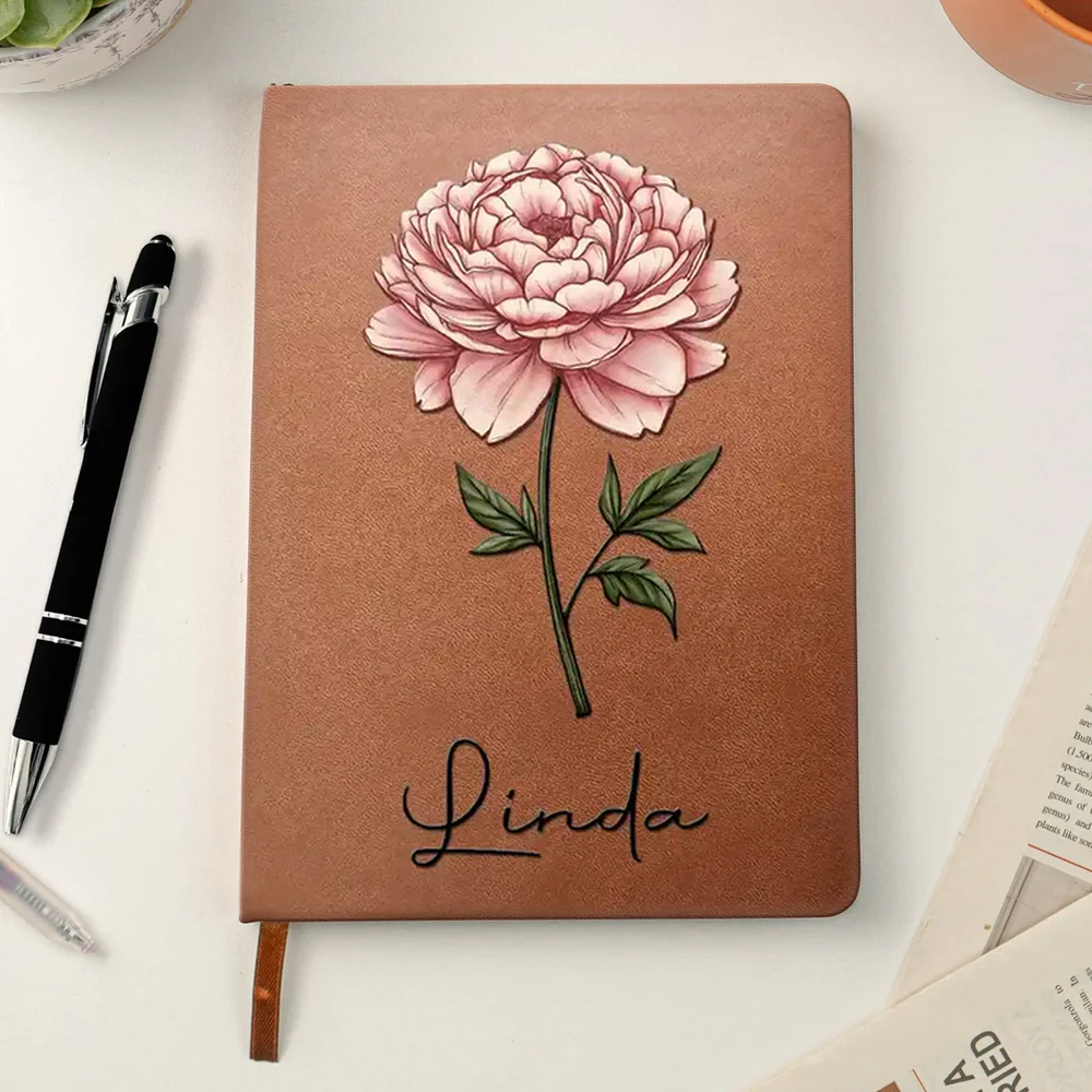 Personalized Leather Journal with Birth Month Flower Art, Custom Name Keepsake Notebook, Unique Gift for Her