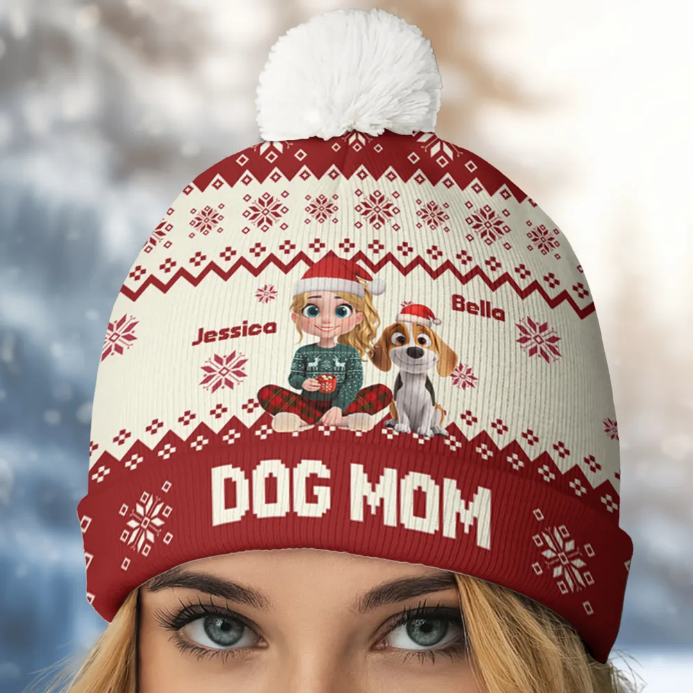 Personalized Bobble Beanie Hat for Dog Mom with Cartoon Woman & Pup – Cozy Christmas Style, Unique Gift for Pet Lovers - Image 3