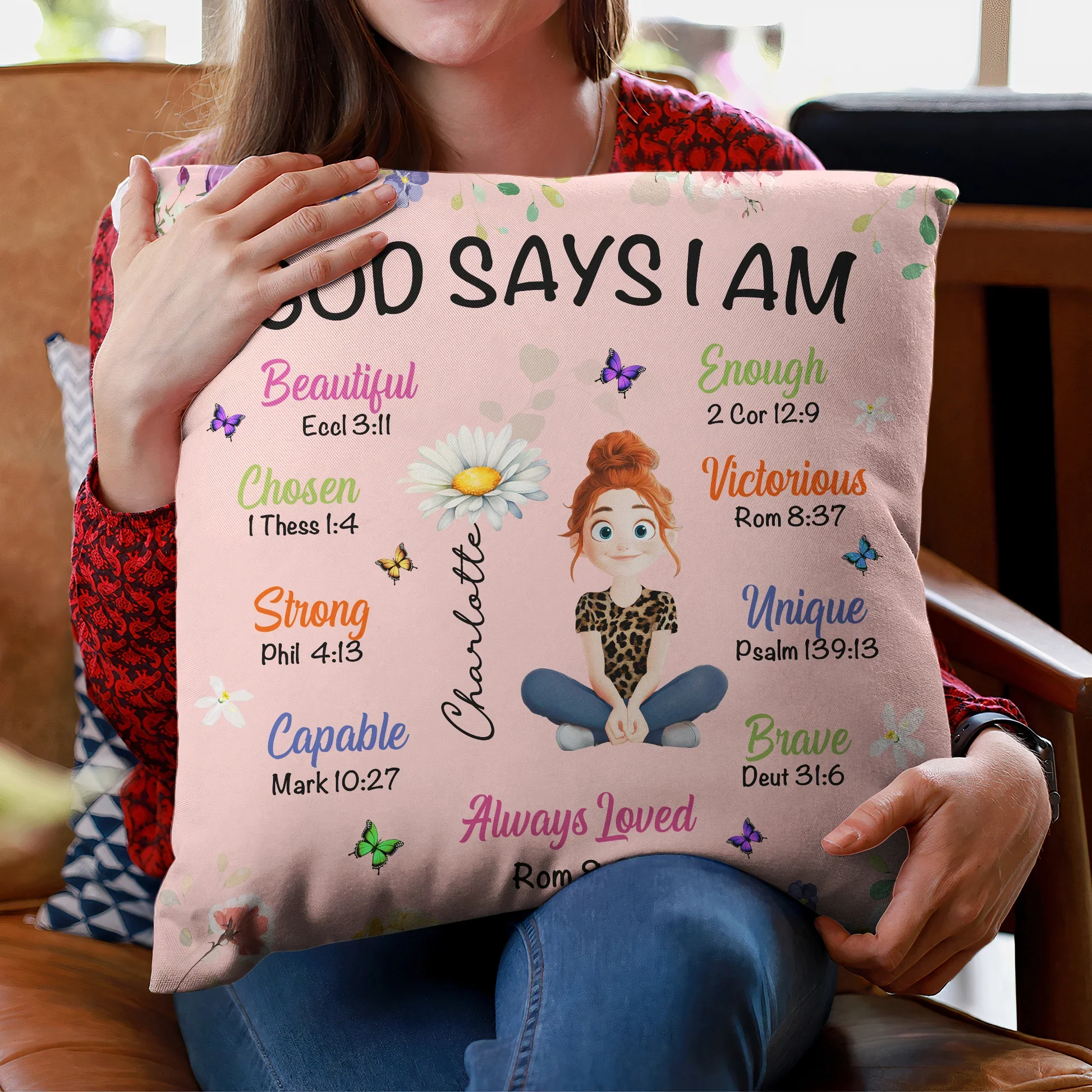Personalized Square Pillow with Cute Cartoon Girl & Bible Affirmations, Unique Christian Gift for Girls, Cozy Room Decor Accent - Image 2