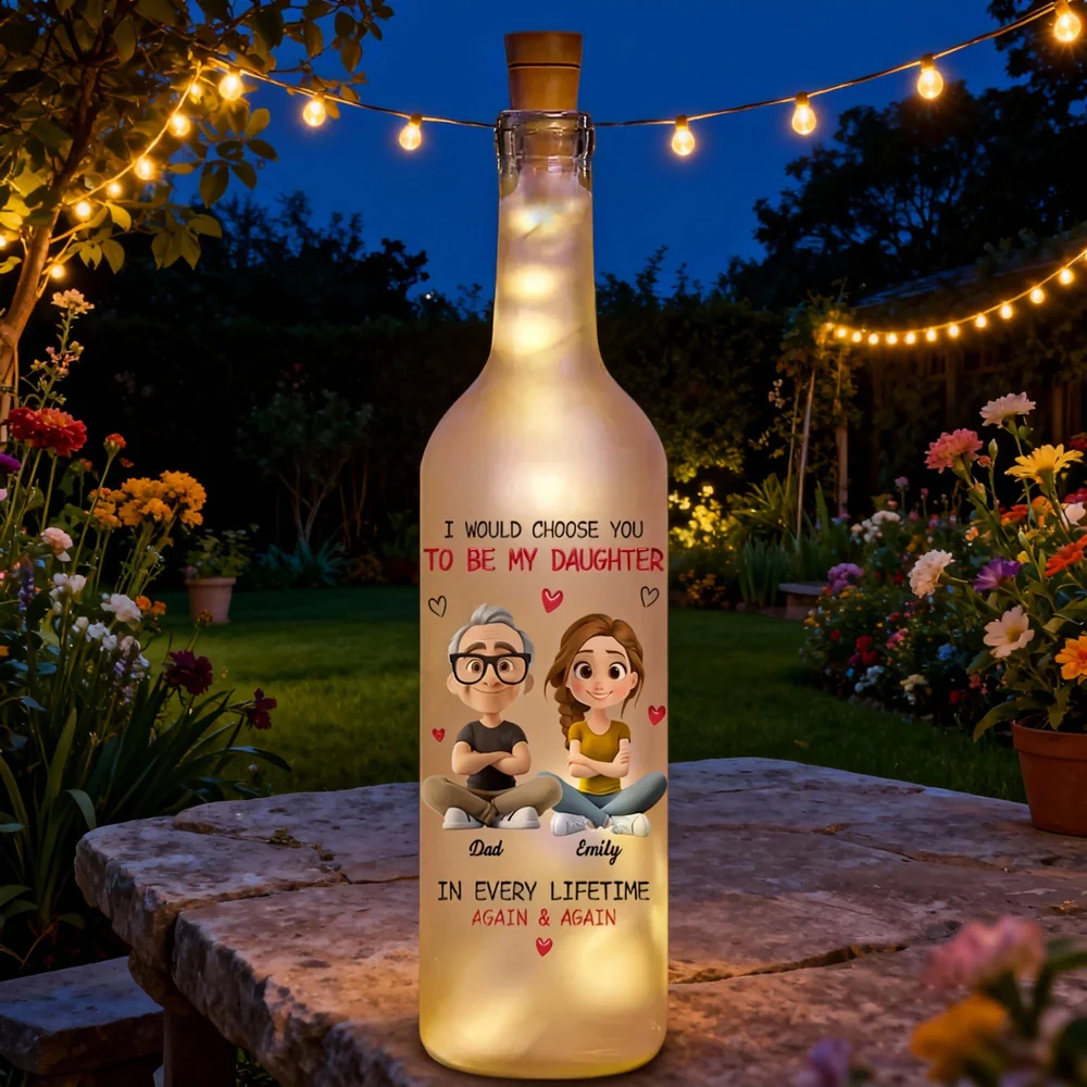 Personalized Bottle Lamp for Daughter from Dad with Cartoon Portraits, Warm Glow Bedroom Light, Unique Heartfelt Gift
