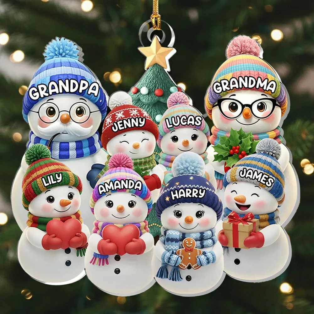 Personalized Acrylic Ornament with Cute Snowman Family, Custom Grandparents Christmas Decor, Unique Holiday Tree Gift