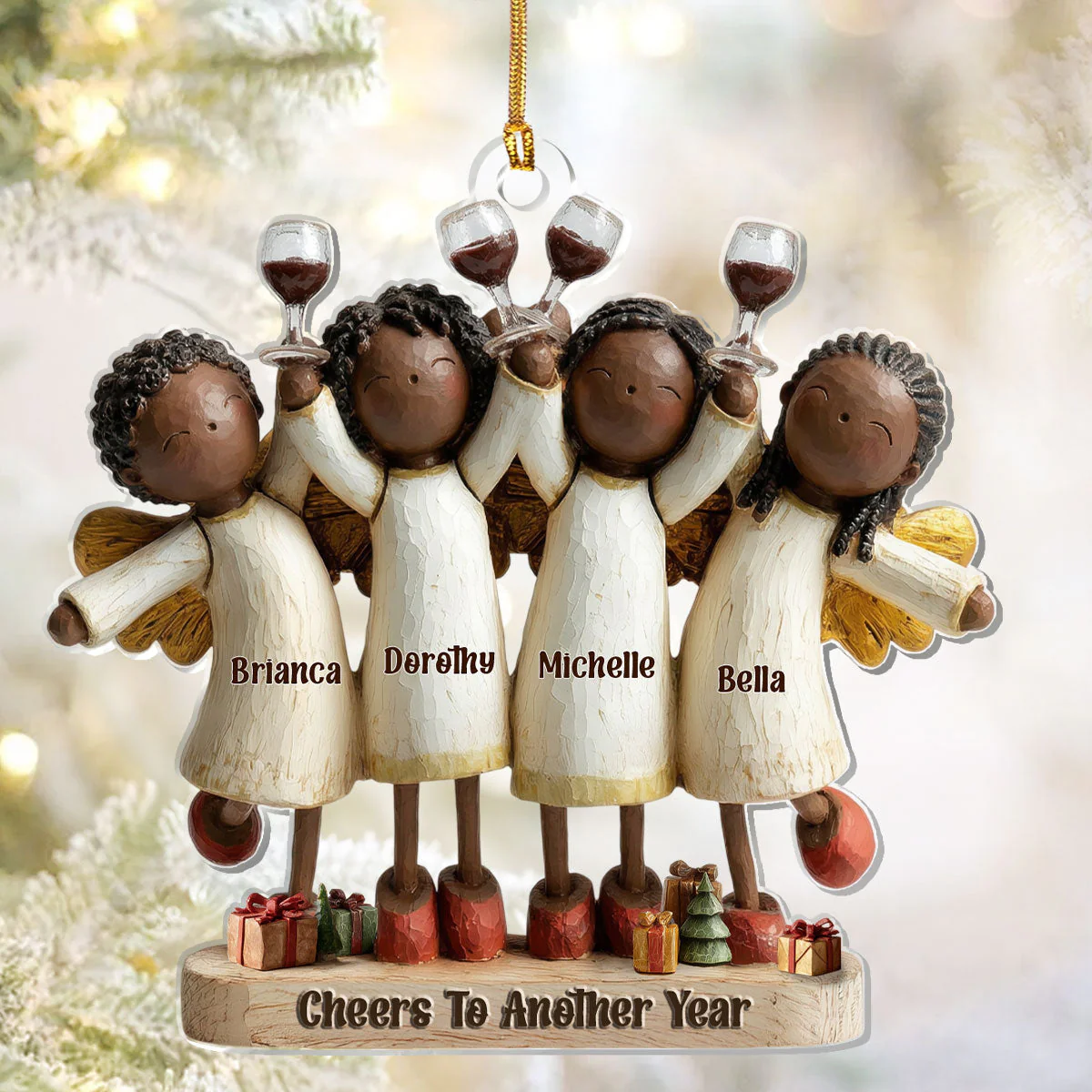 Personalized Acrylic Ornament with Four Angels Toasting – Cheers to Another Year, Festive Home Decor & Unique Christmas Gift for Friends