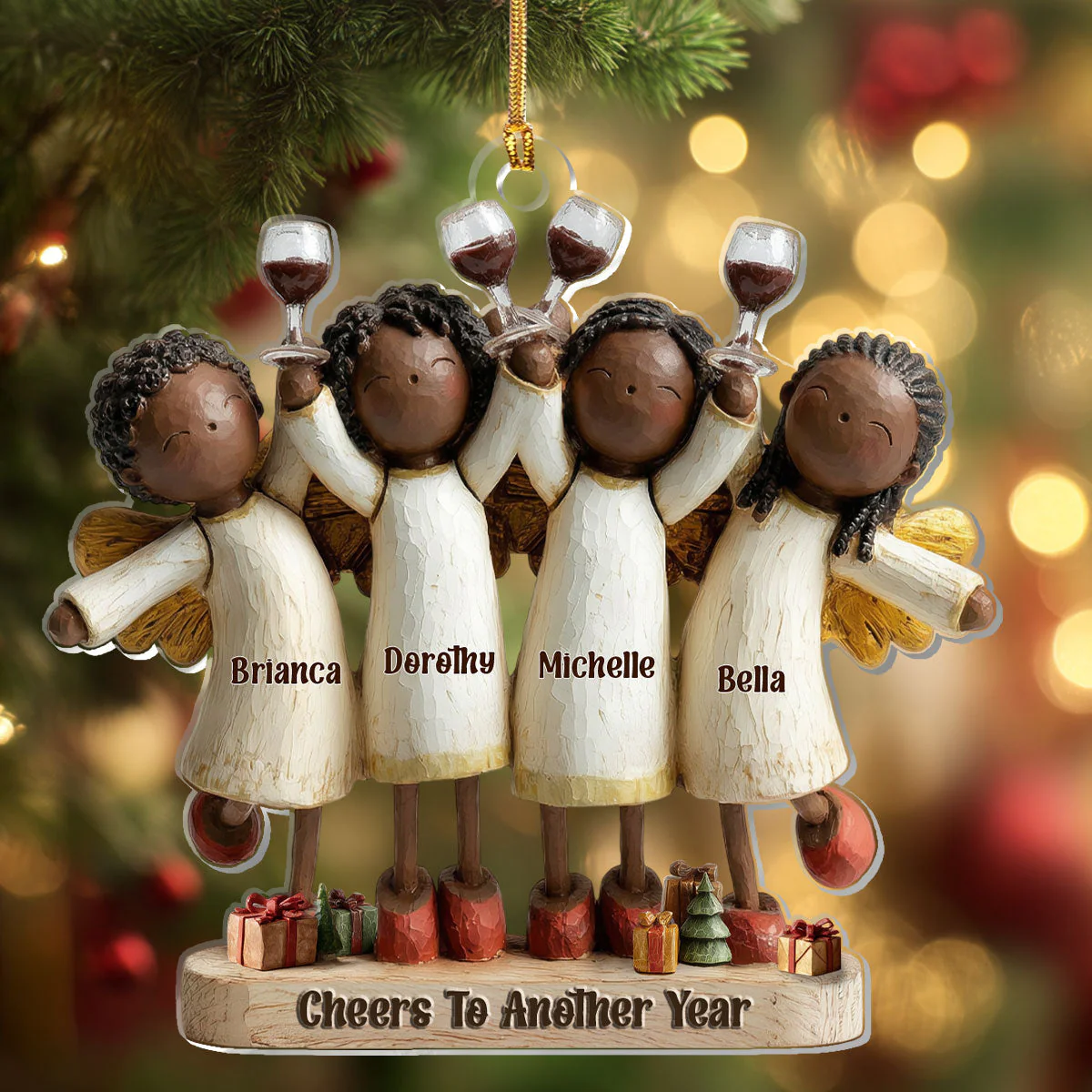 Personalized Acrylic Ornament with Four Angels Toasting – Cheers to Another Year, Festive Home Decor & Unique Christmas Gift for Friends - Image 4