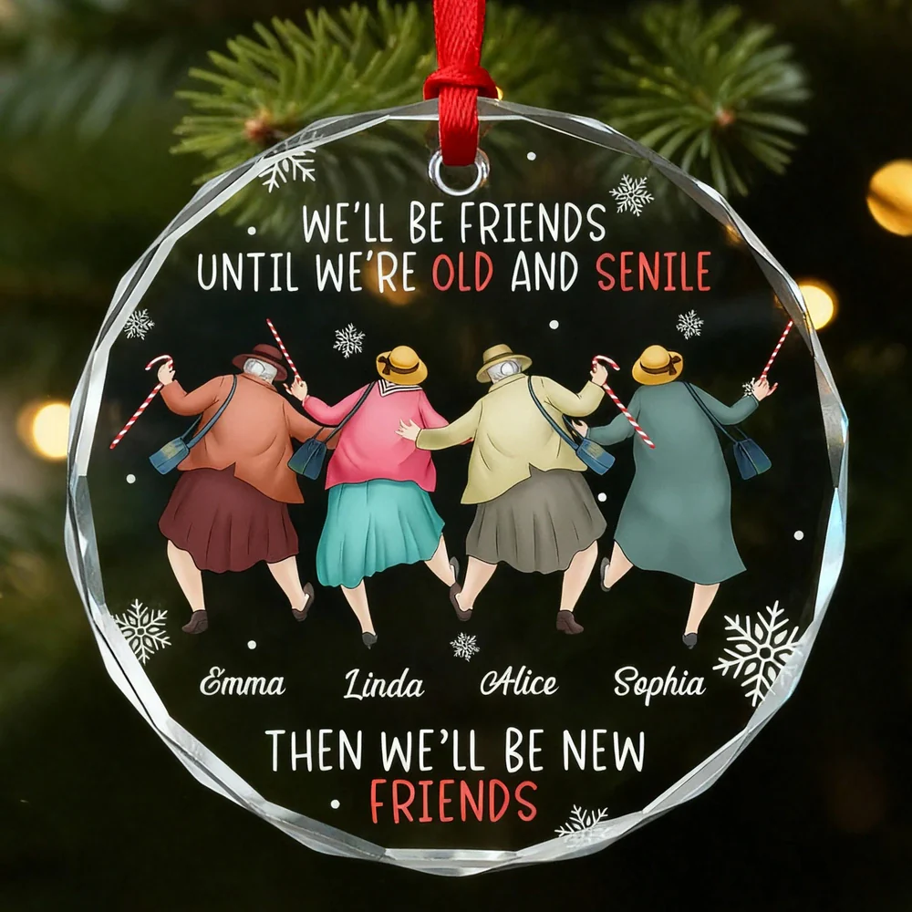 Custom Friendship Crystal Ornament - Funny Senior Friends Walking Together, Heartwarming Holiday Keepsake & Unique Gift