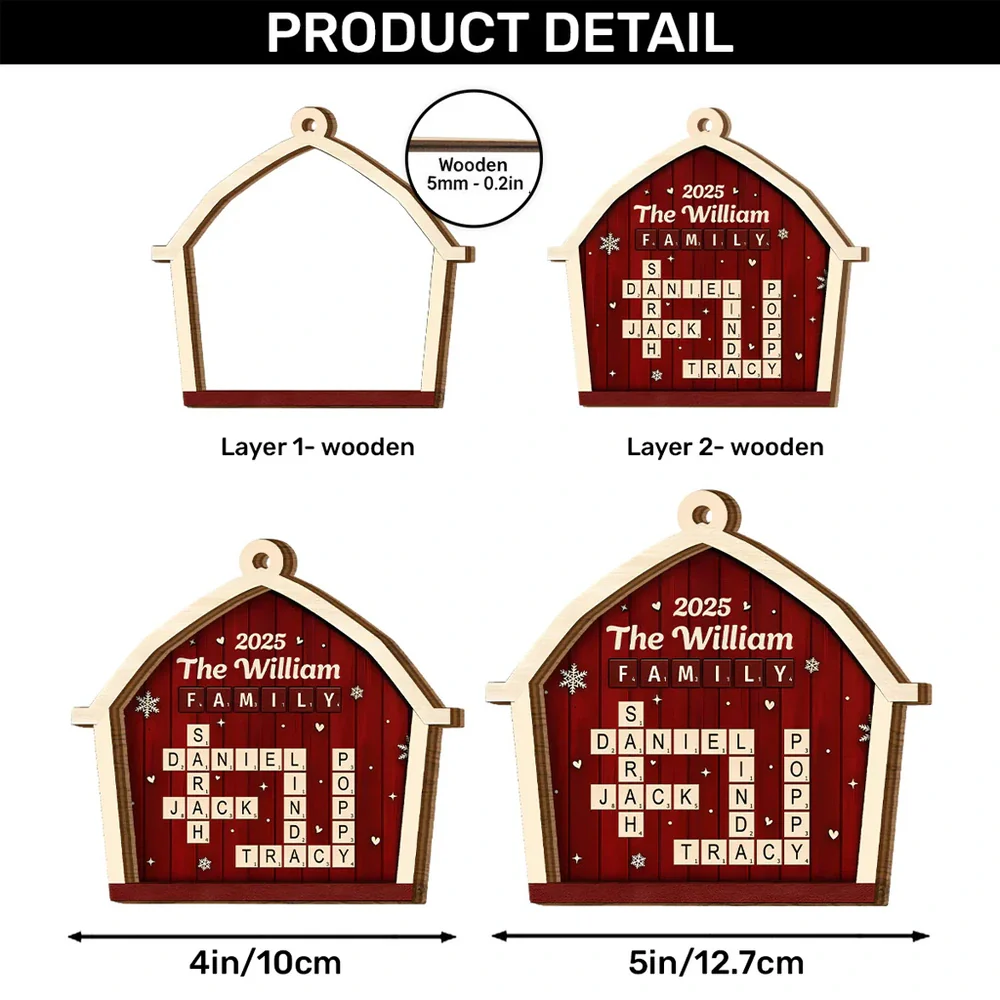Family Crossword Barn - Personalized 2-Layered Wooden Ornament - Image 4