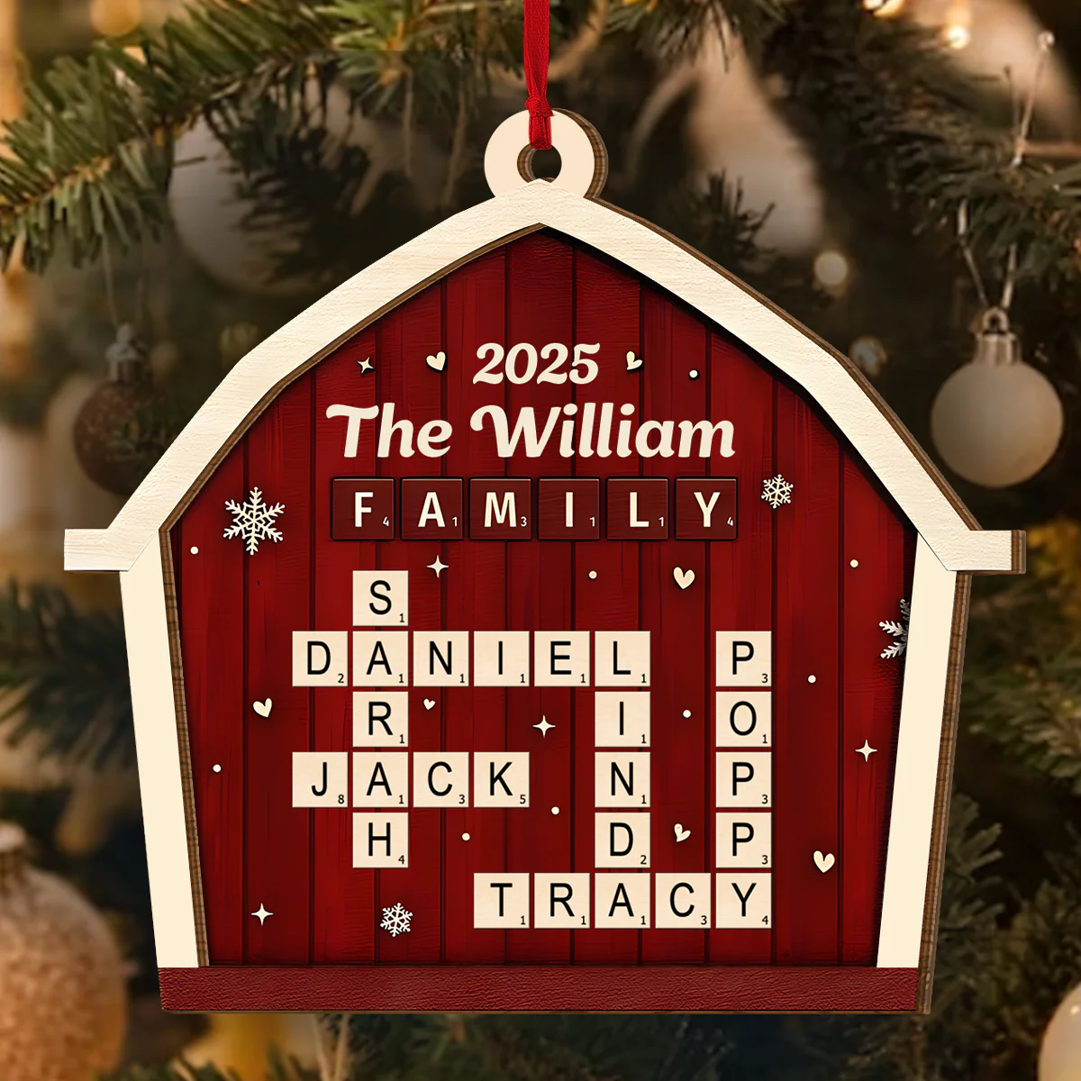 Family Crossword Barn - Personalized 2-Layered Wooden Ornament - Image 5
