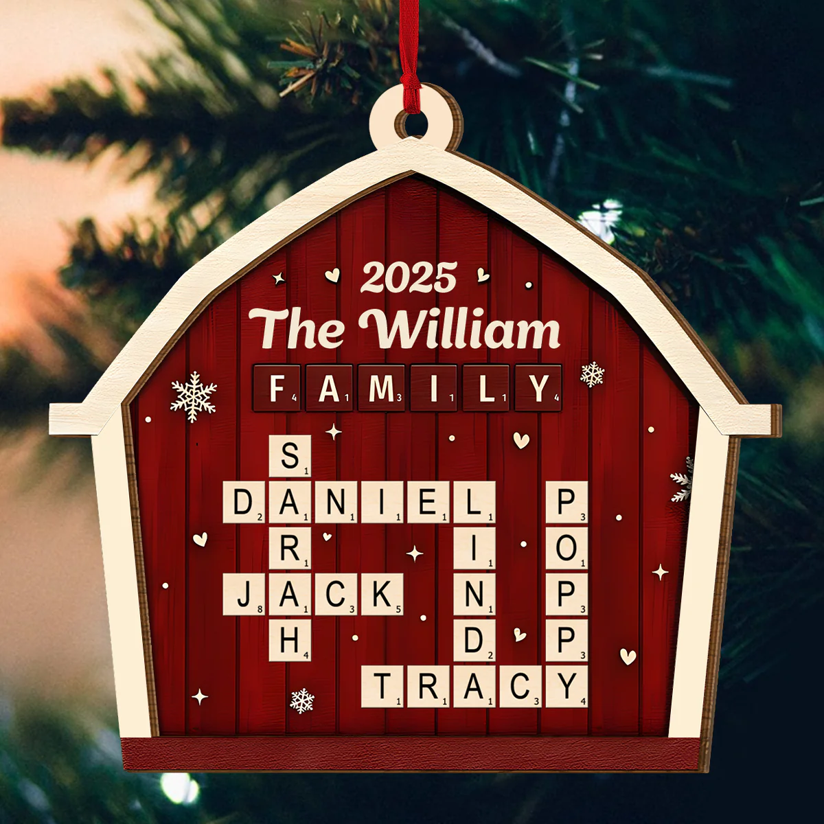 Family Crossword Barn - Personalized 2-Layered Wooden Ornament - Image 6