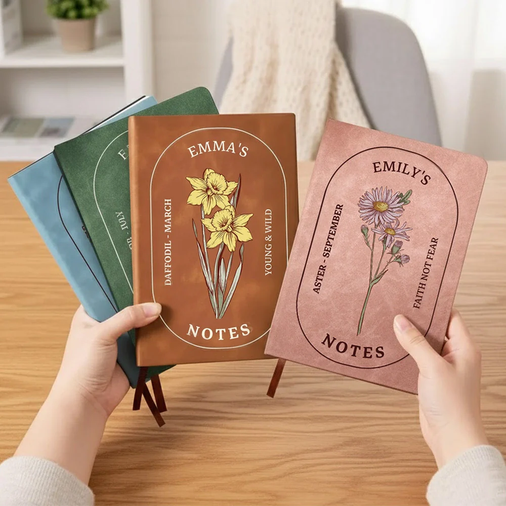 Custom Birth Flower Leather Journal – Personalized Notebook for Daily Notes, A Thoughtful Unique Gift for Women