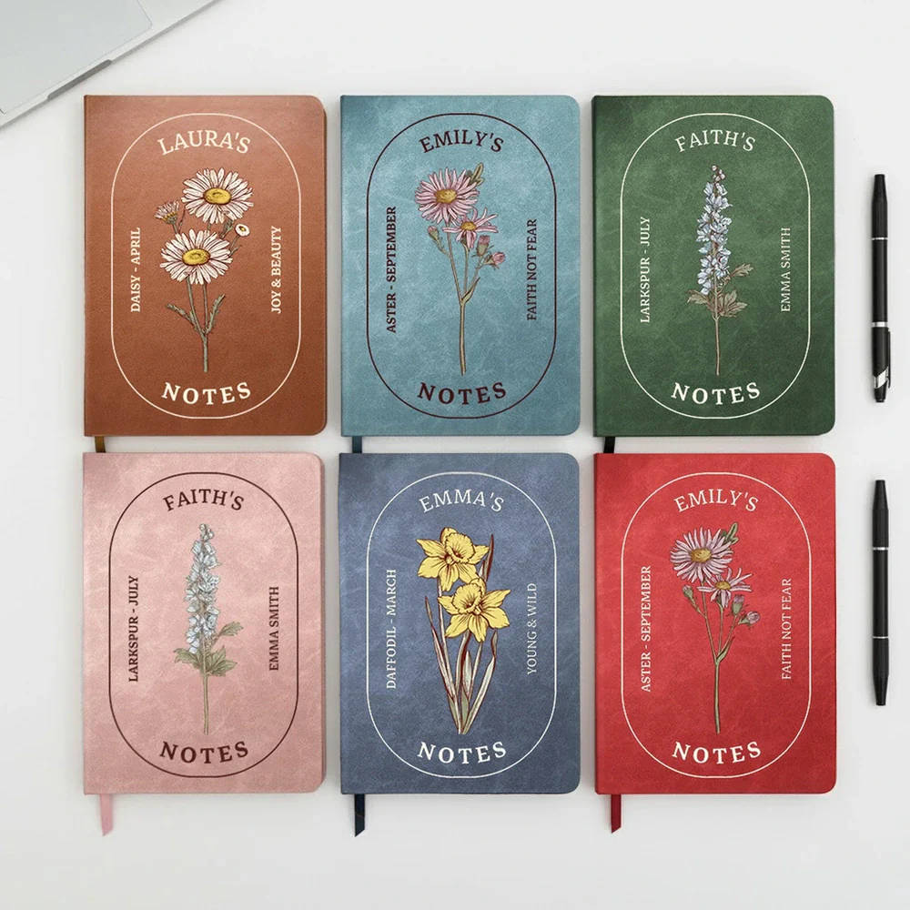 Custom Birth Flower Leather Journal – Personalized Notebook for Daily Notes, A Thoughtful Unique Gift for Women - Image 2