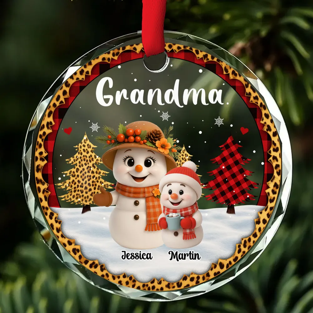 Personalized Crystal Ornament for Grandma with Cute Snowman Grandkid Scene, Festive Holiday Decor & Unique Gift