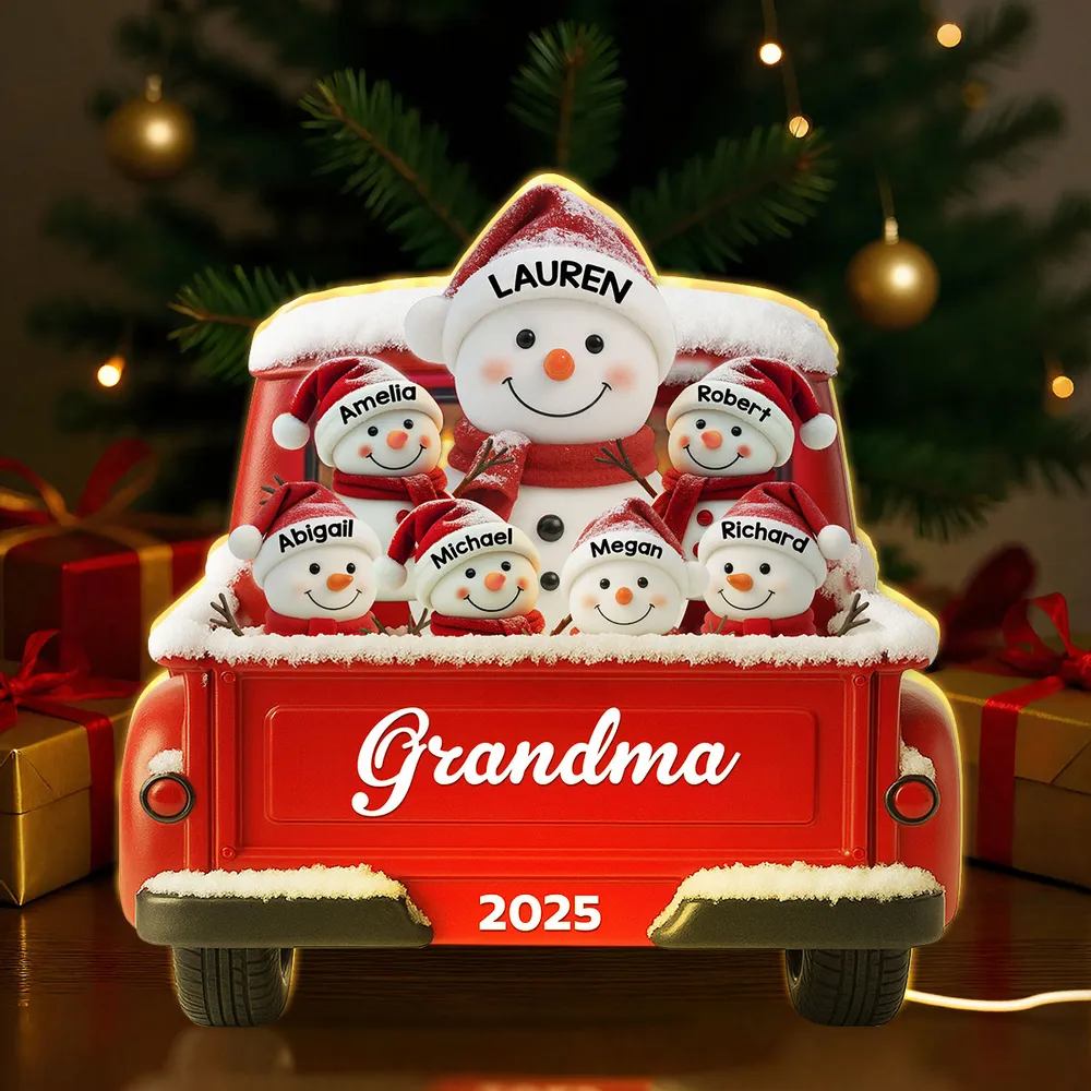 Custom Snowman Grandma & Grandkids Acrylic Light Box, Festive Red Truck Bedroom Lamp and Unique Holiday Gift for Family - Image 2