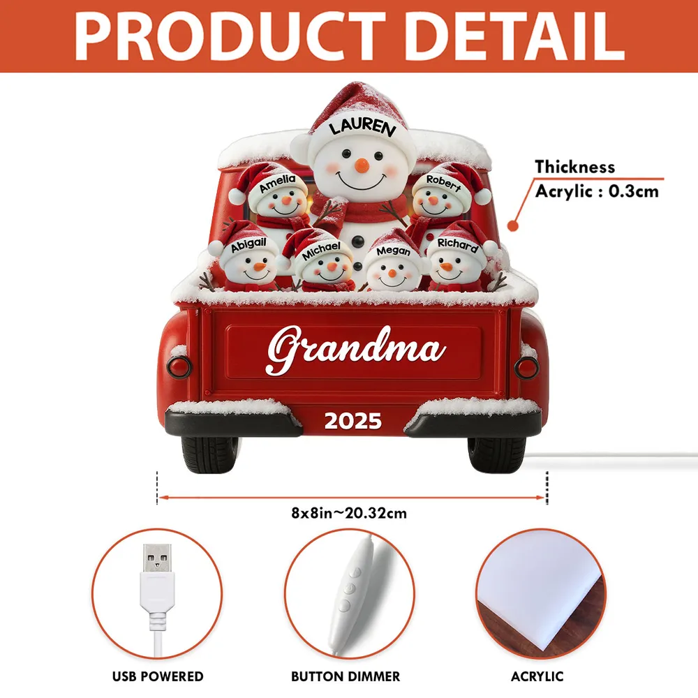 Custom Snowman Grandma & Grandkids Acrylic Light Box, Festive Red Truck Bedroom Lamp and Unique Holiday Gift for Family - Image 4
