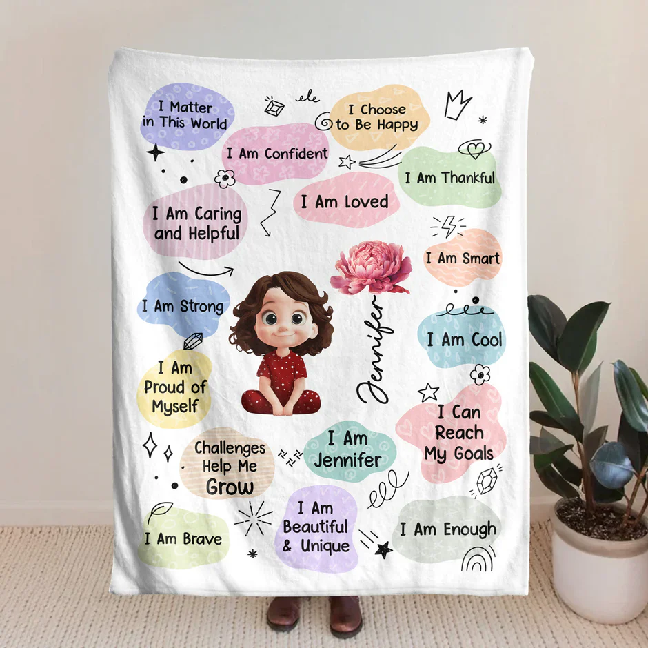 Personalized Fleece Blanket with Kids Affirmations and Cute Cartoon Girl, Pastel Nursery Throw, Unique Creative Gift for Kids