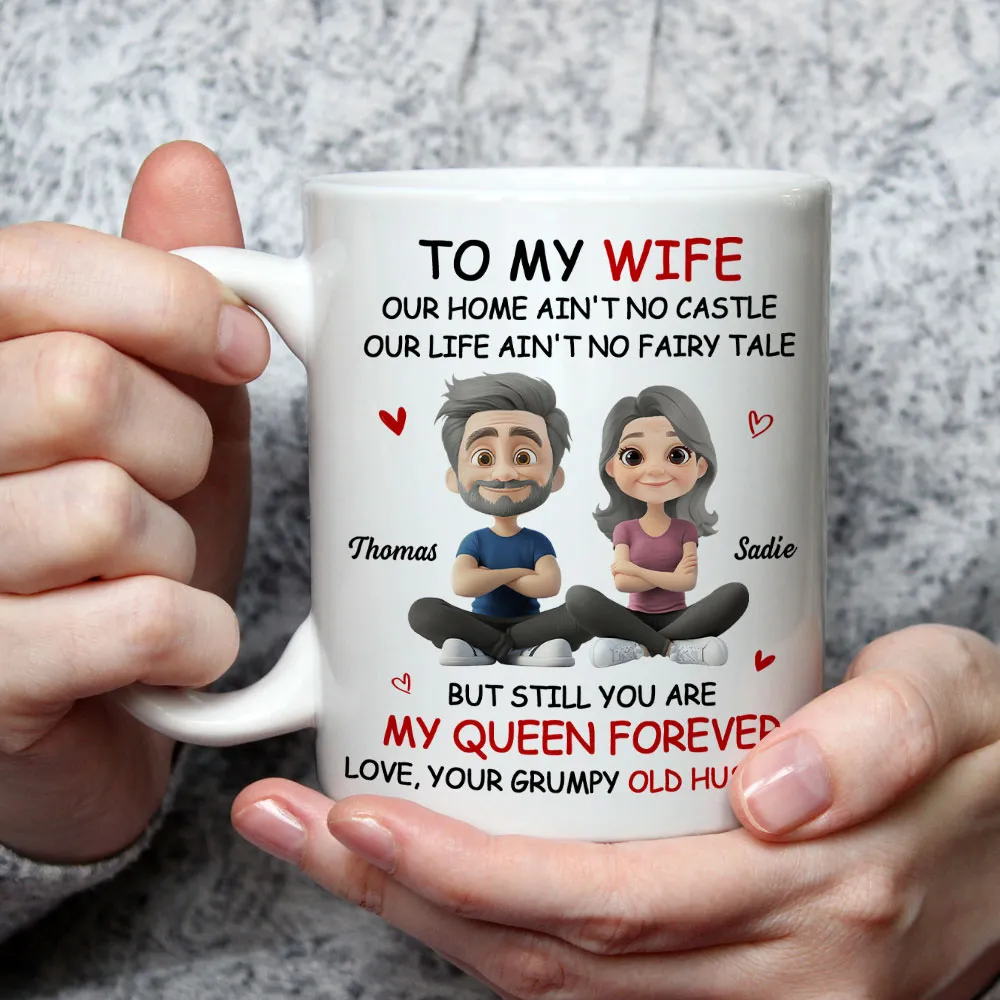 Personalized White Ceramic Mug for Wife from Husband, Cute Cartoon Couple, My Queen Forever, Unique Romantic Gift - Image 3
