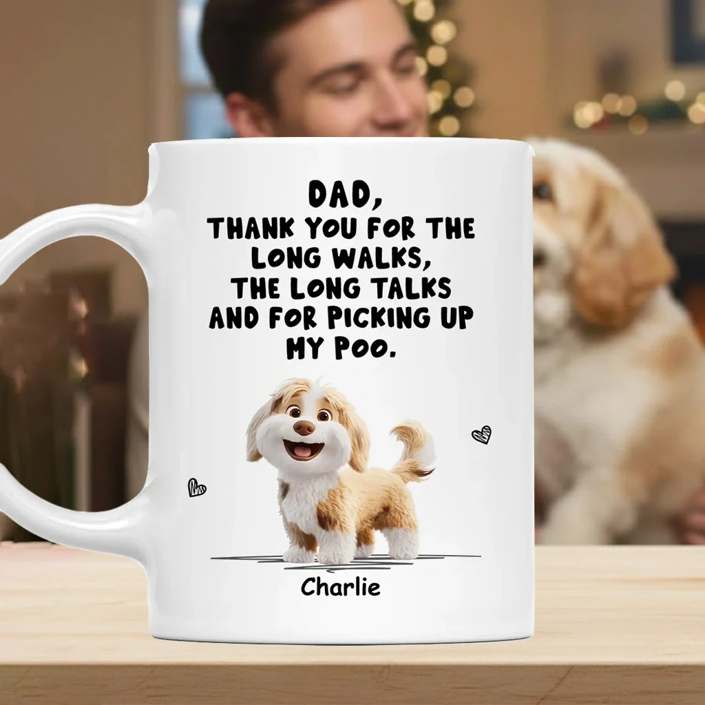 Personalized Dog Dad White Ceramic Mug with Funny Thank You Quote for Walks & Talks โ Unique Gift for Pet Dad