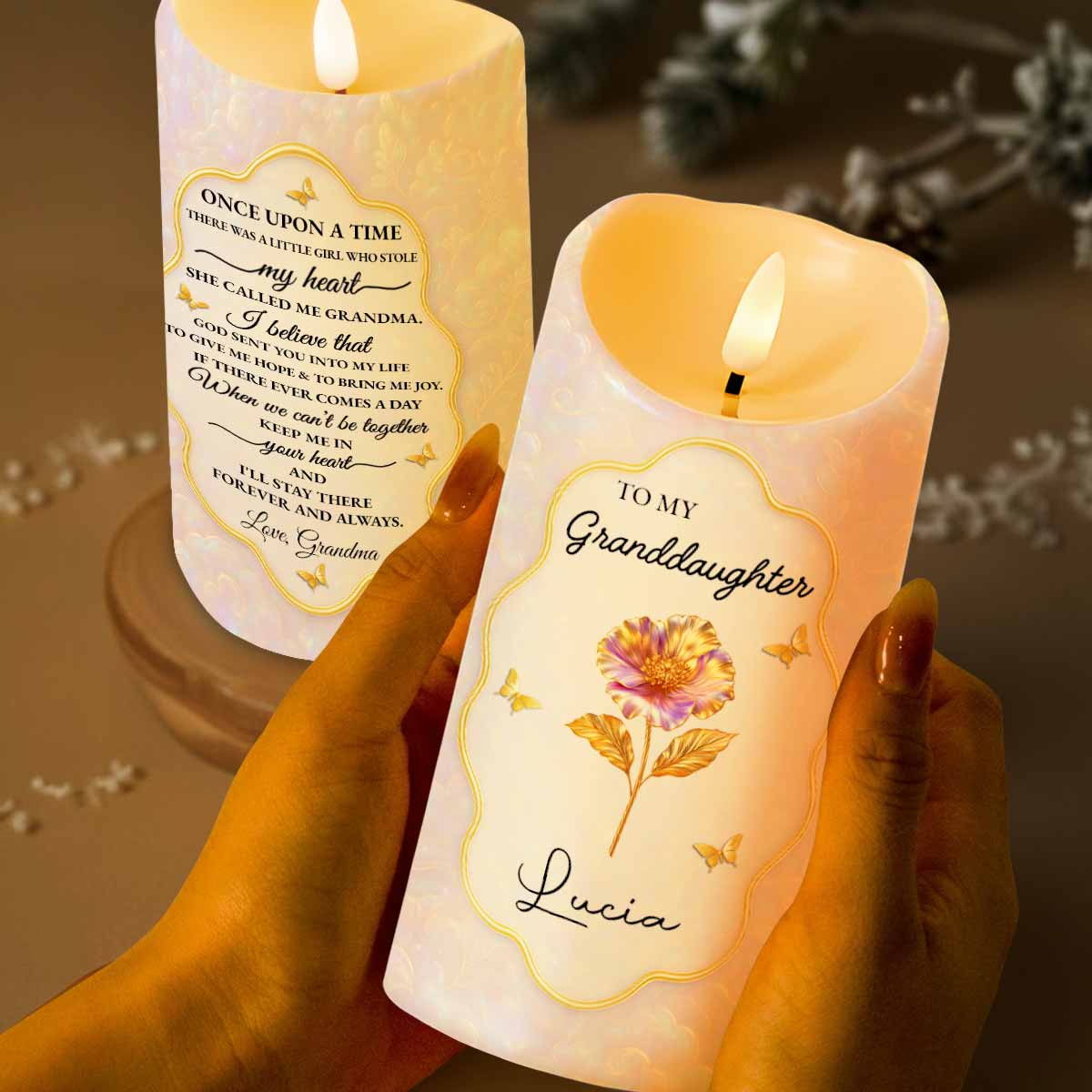 Custom Flameless LED Candle with Once Upon a Time Grandma Quote, Gentle Light Granddaughter Gift for Emotional Comfort - Image 2