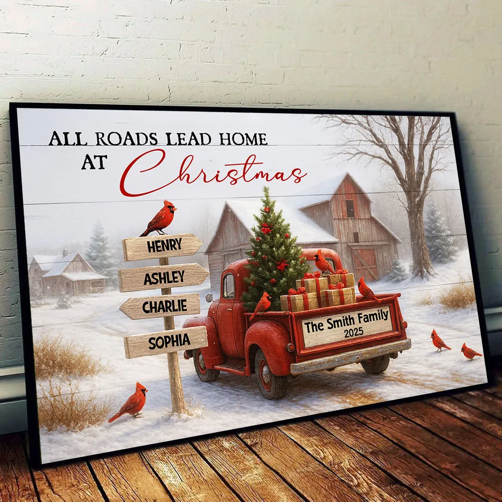 Rustic Christmas Family Poster with Custom Names, Vintage Red Truck and Winter Barn Scene - Image 7