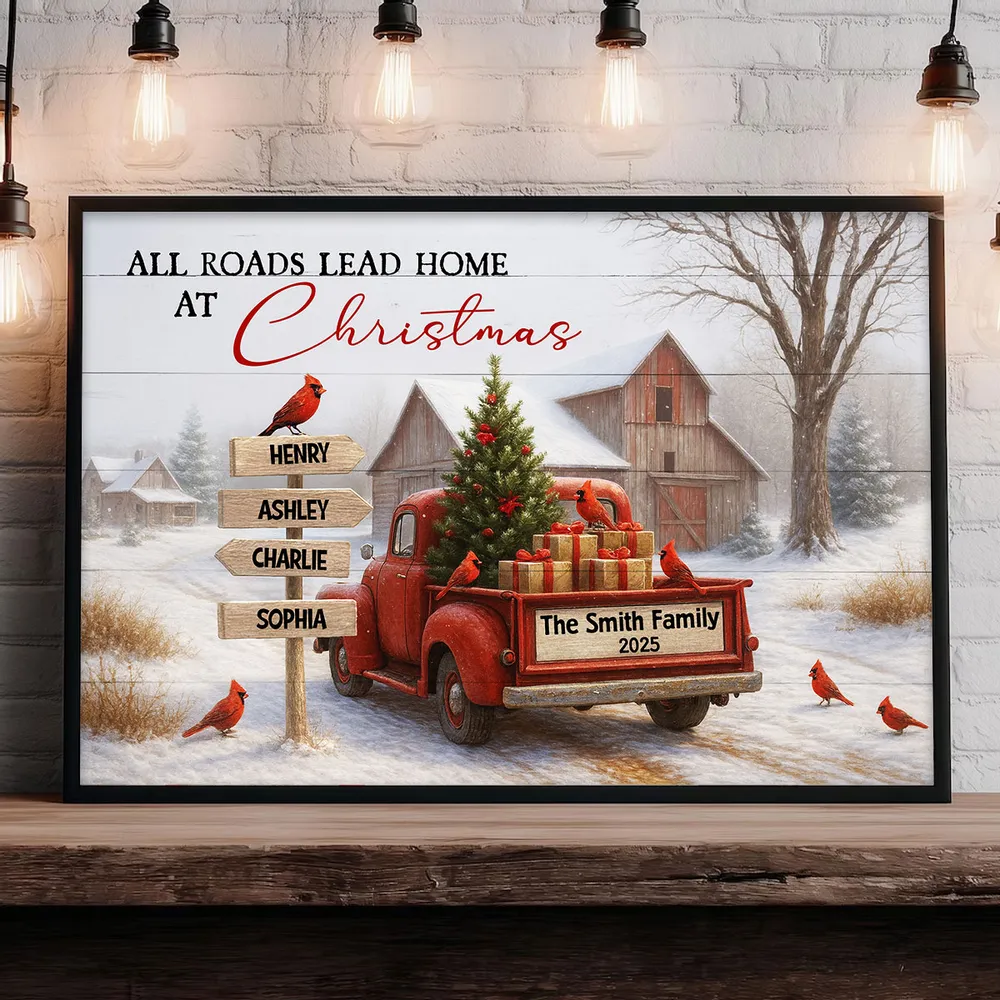Rustic Christmas Family Poster with Custom Names, Vintage Red Truck and Winter Barn Scene - Image 8
