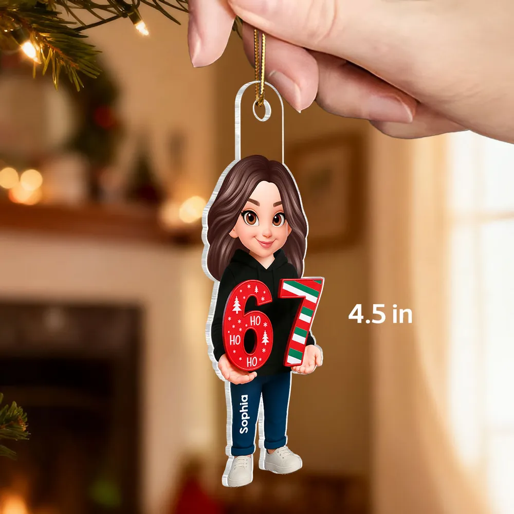 Personalized Acrylic Ornament with Cute Cartoon Teen Holding 67 Numbers – Trending Slang Christmas Ornament, Fun Gift for Kids and Grandkids - Image 2