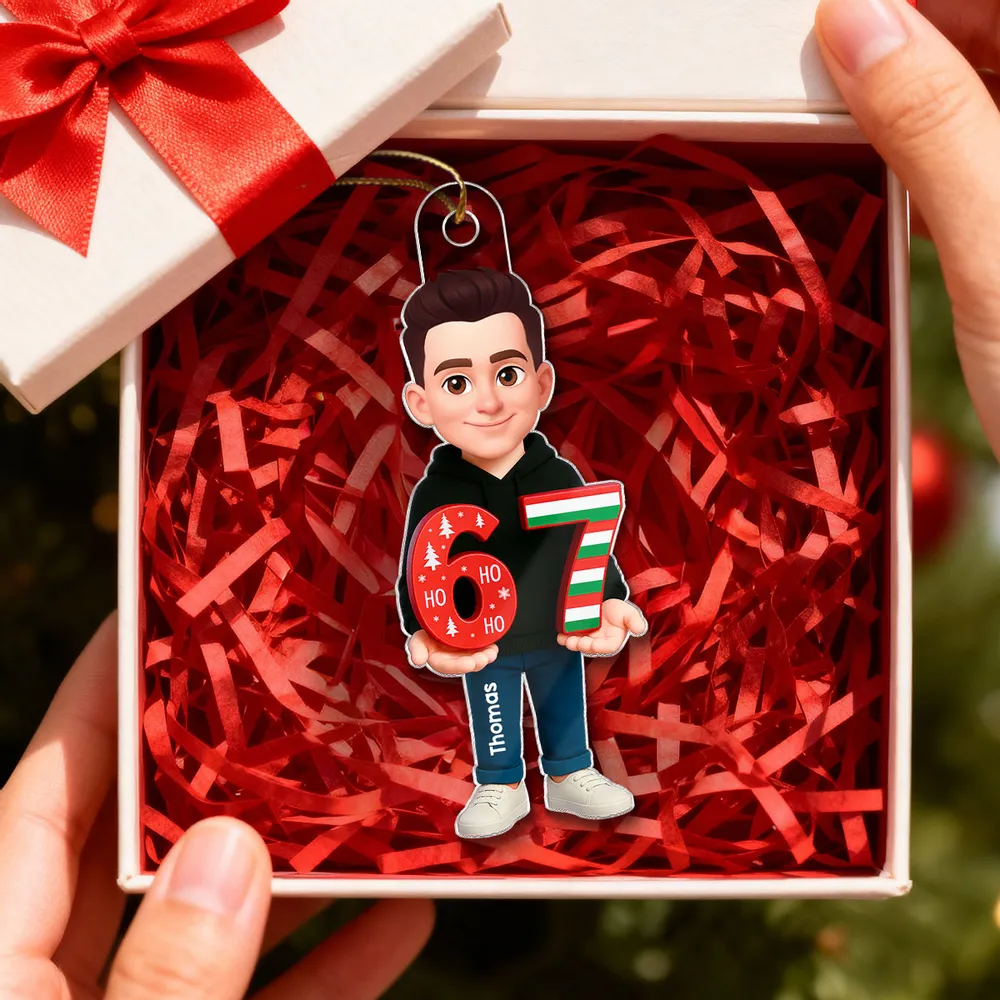 Personalized Acrylic Ornament with Cute Cartoon Teen Holding 67 Numbers – Trending Slang Christmas Ornament, Fun Gift for Kids and Grandkids - Image 3