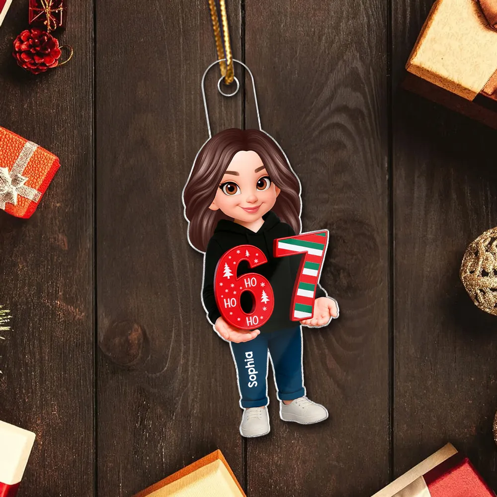 Personalized Acrylic Ornament with Cute Cartoon Teen Holding 67 Numbers – Trending Slang Christmas Ornament, Fun Gift for Kids and Grandkids - Image 6
