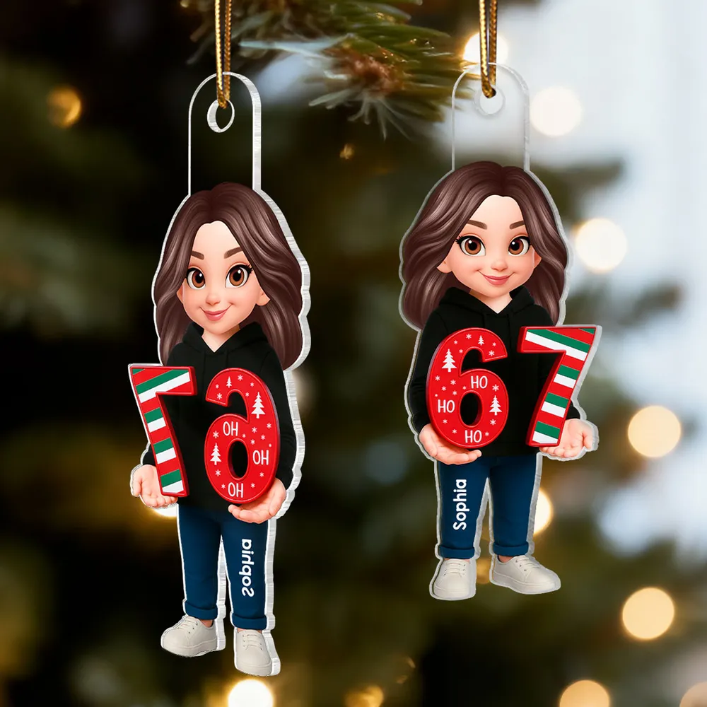Personalized Acrylic Ornament with Cute Cartoon Teen Holding 67 Numbers – Trending Slang Christmas Ornament, Fun Gift for Kids and Grandkids - Image 7