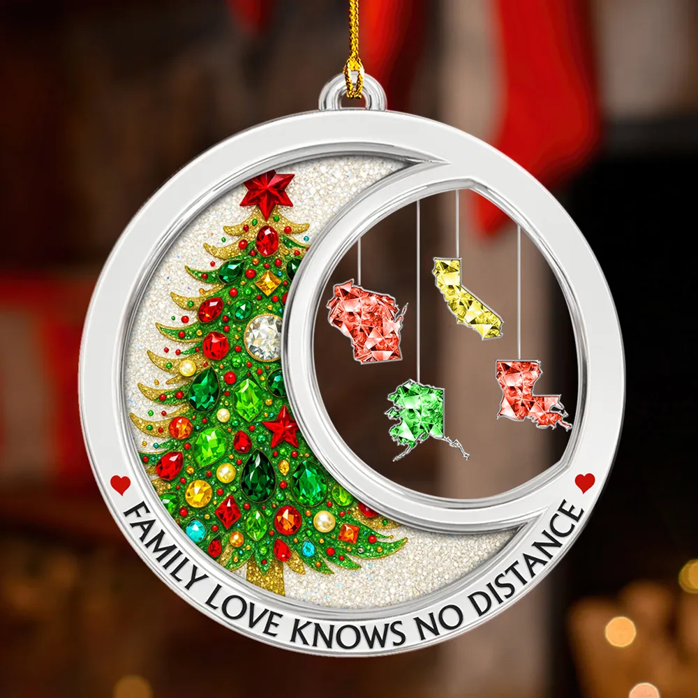 Personalized Acrylic Ornament with Gemstone Christmas Tree & States – Family Love Knows No Distance, Unique Holiday Gift - Image 2