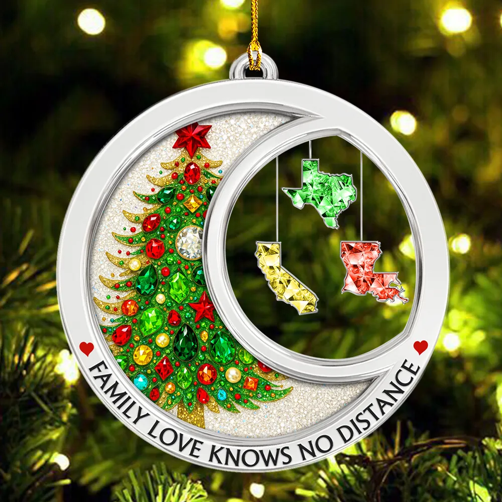 Personalized Acrylic Ornament with Gemstone Christmas Tree & States – Family Love Knows No Distance, Unique Holiday Gift - Image 4