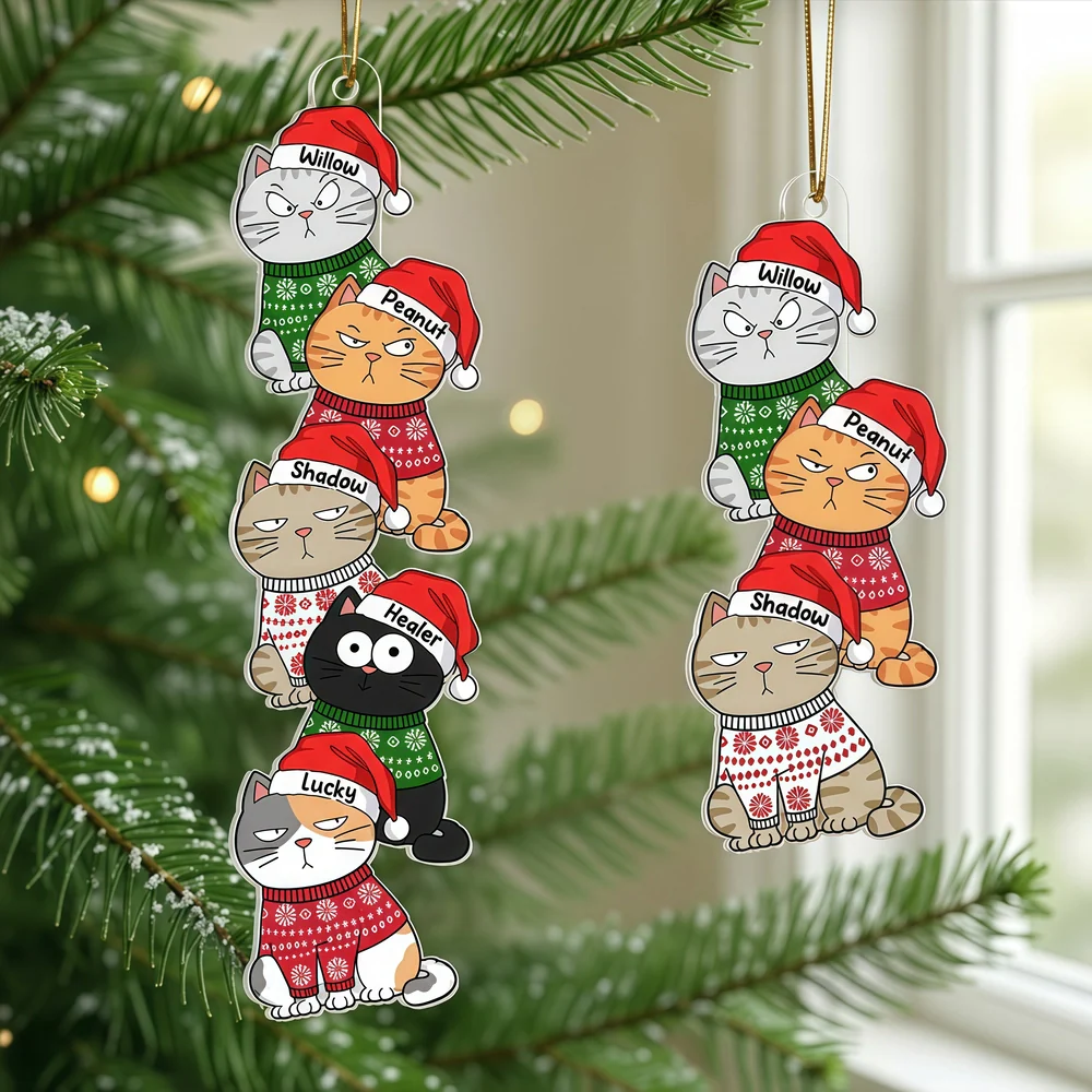 Personalized Acrylic Ornament with Stacked Christmas Cats, Cute Festive Decor & Unique Gift for Cat Lovers