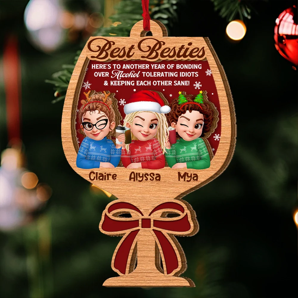 Personalized 2-Layer Wooden Ornament for Best Friends, Cute Christmas Sweater Trio Design, Unique Holiday Gift Keepsake