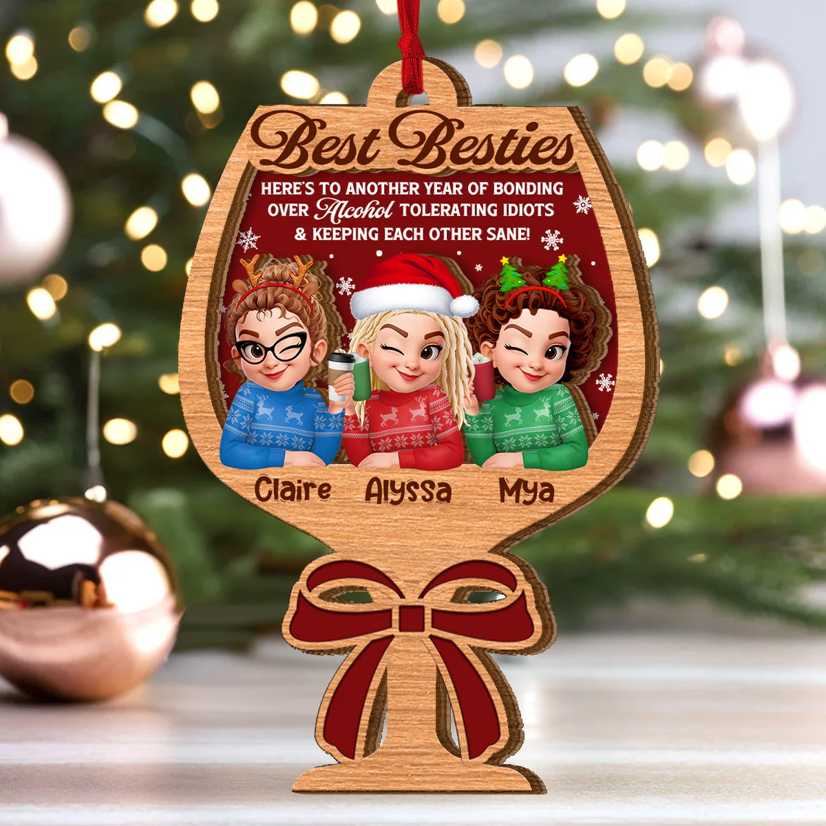 Personalized 2-Layer Wooden Ornament for Best Friends, Cute Christmas Sweater Trio Design, Unique Holiday Gift Keepsake - Image 3